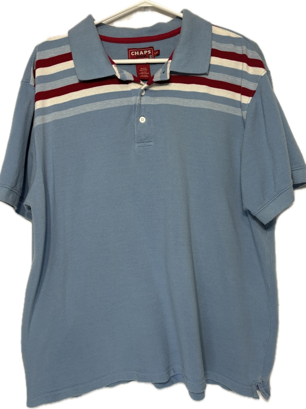 Chaps Denim True American Brand Light Blue Polo White & Red Stripes Casual Golf